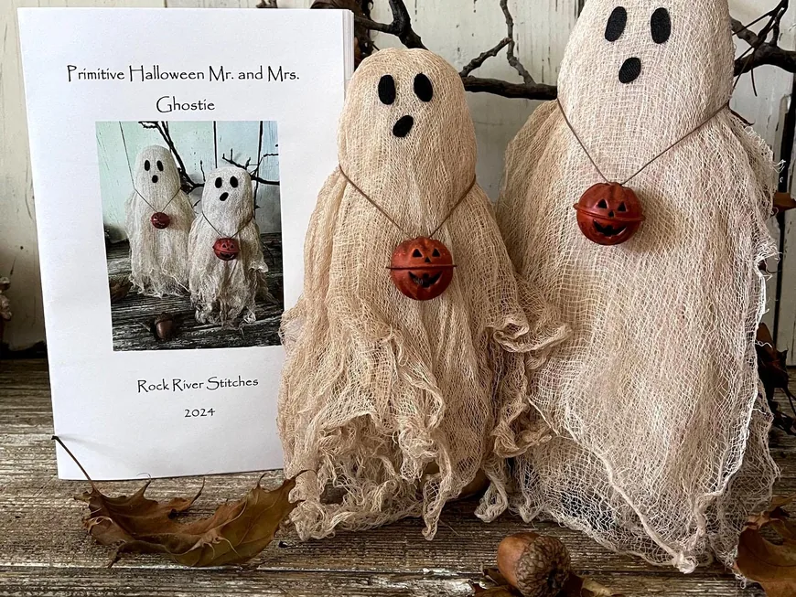 Mr. and Mrs. Ghostie pattern cover beside two stitched cheesecloth ghosts